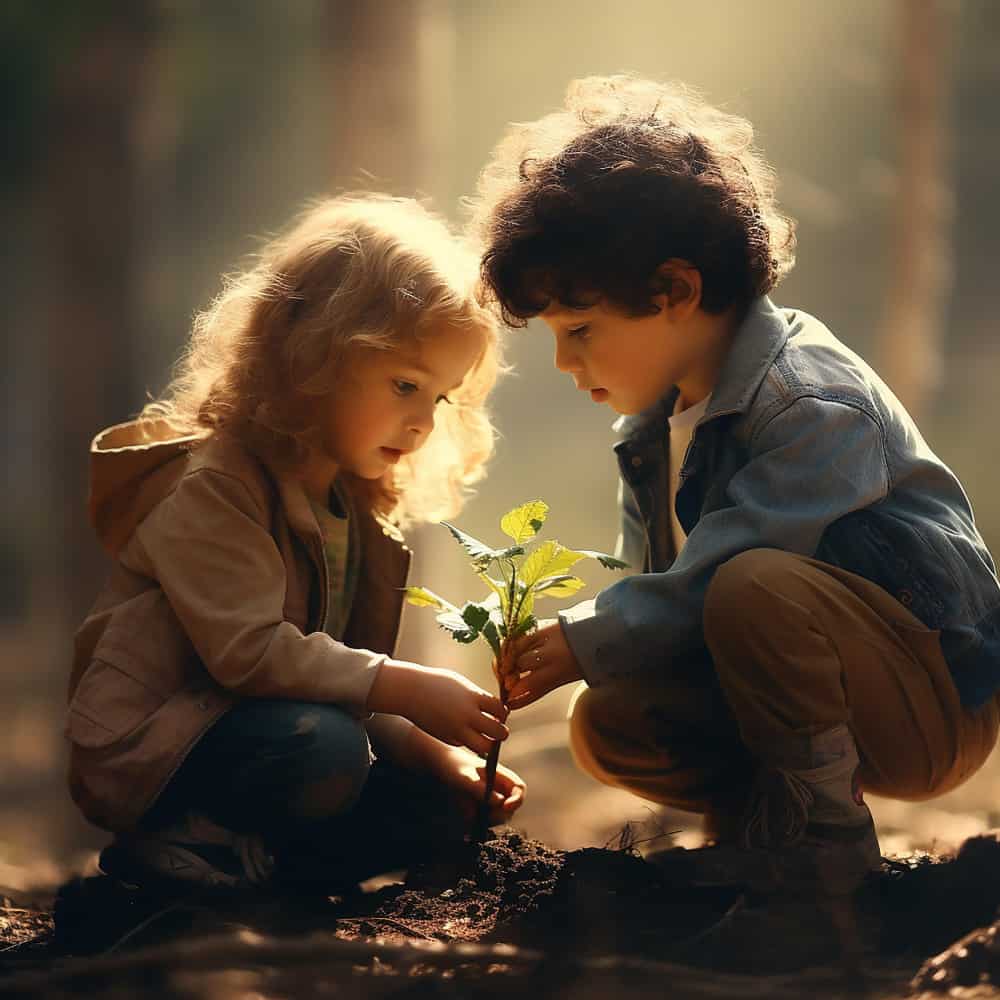 children planting trees in forest