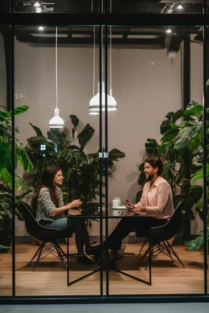 team of two creative entrepreneurs in dark office with plants